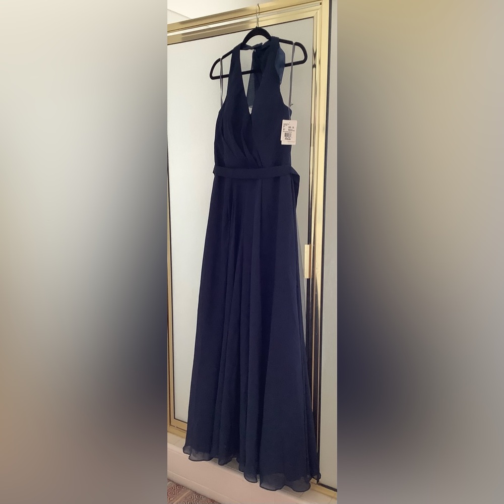 David’s Bridal V-neck halter gown, size 14, NWT, midnight blue, long chiffon bow